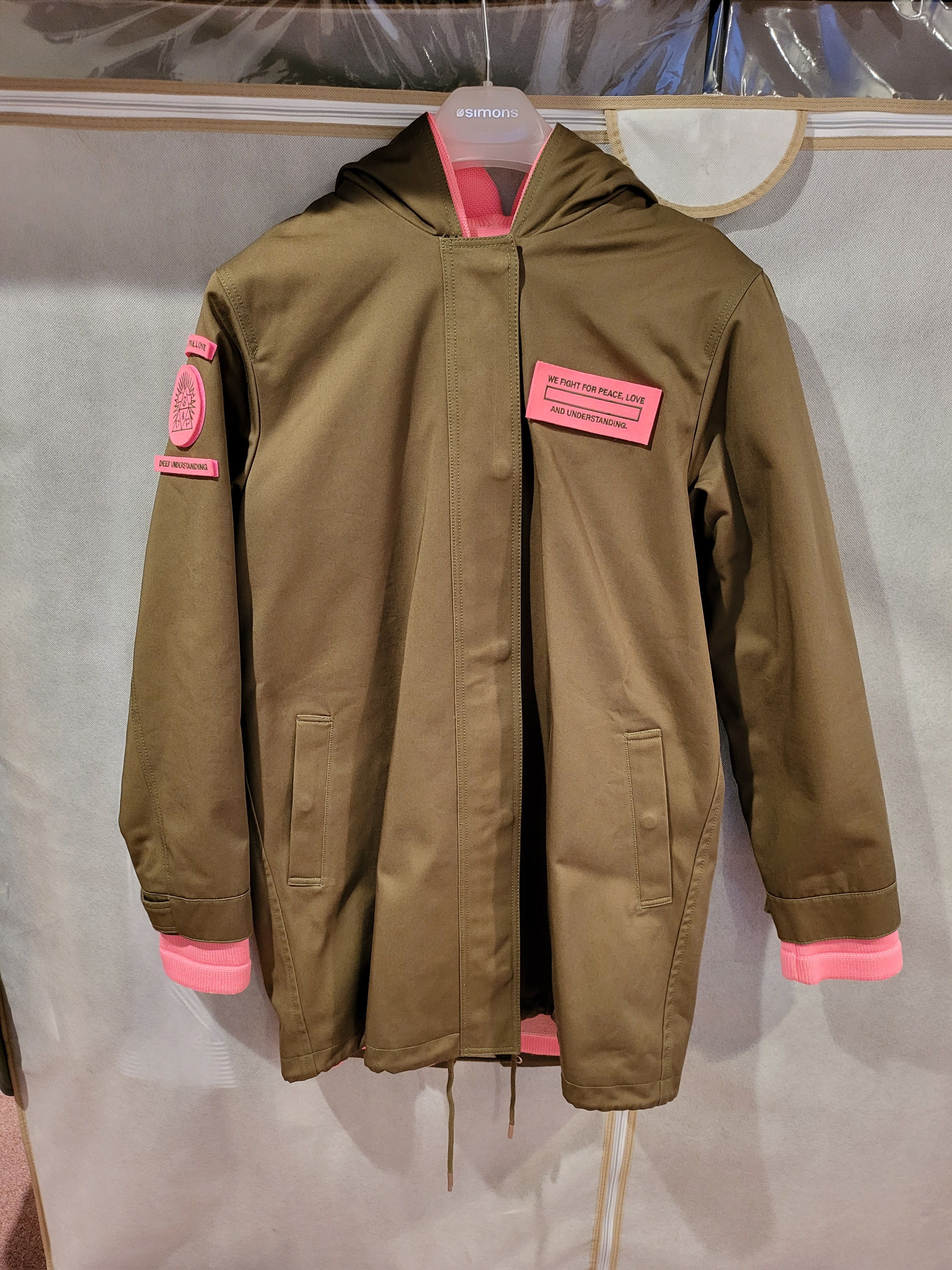 image of Designer Korean Love Peace & Understanding 2-In-1 Jacket With Hood in Military Green/Pink, Women's 