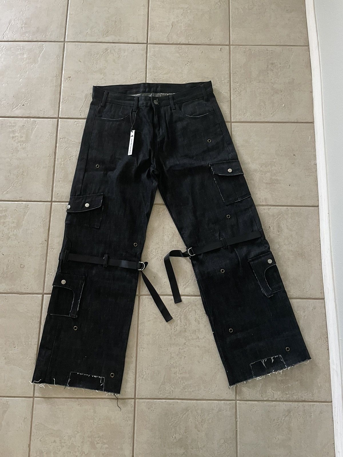 image of Designer Lesdemonsportent Japanese Selvedge Denim Black Cargos, Men's (Size 36)