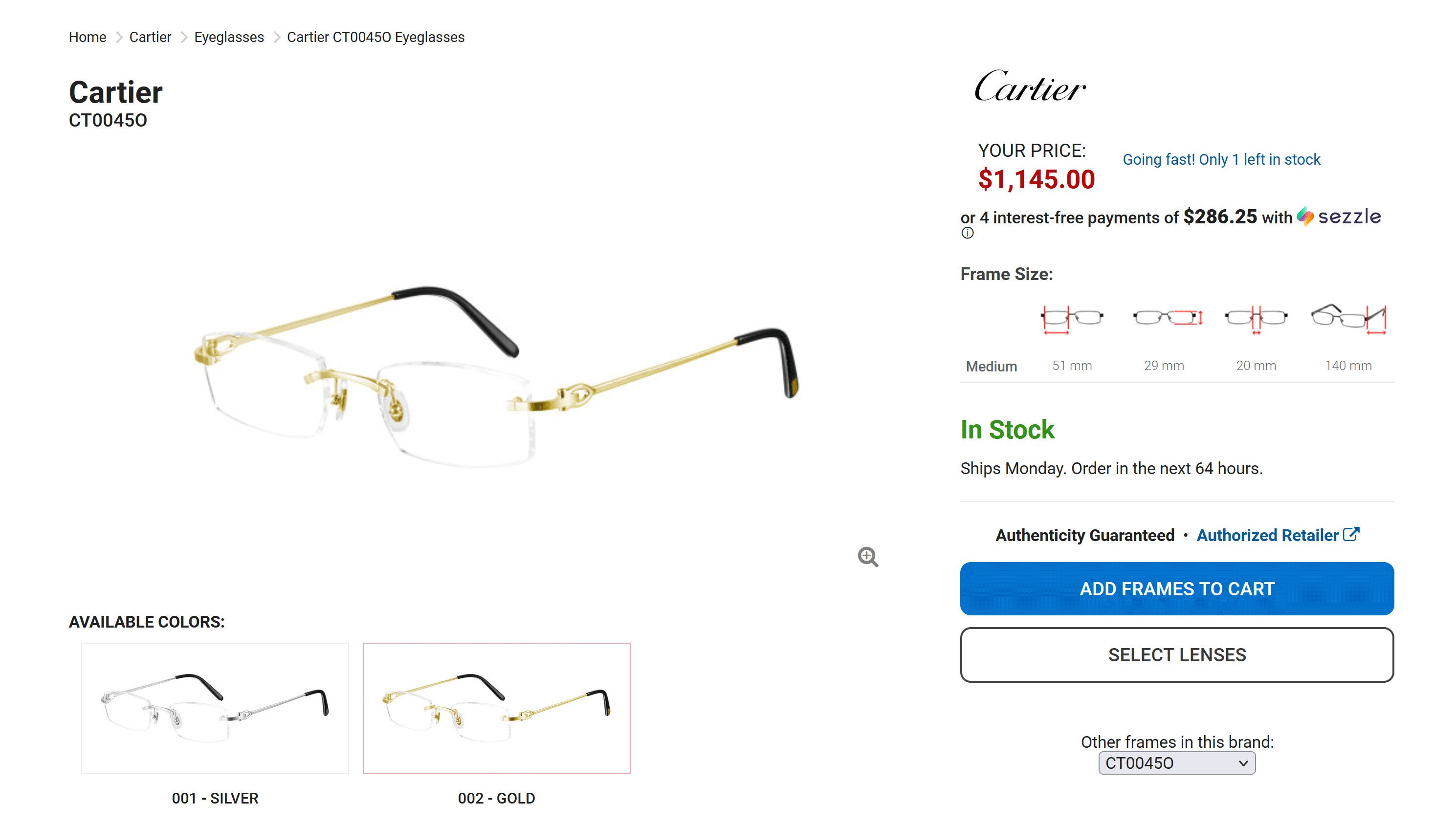 NEW! Authentic Cartier Bolon Gold Glasses