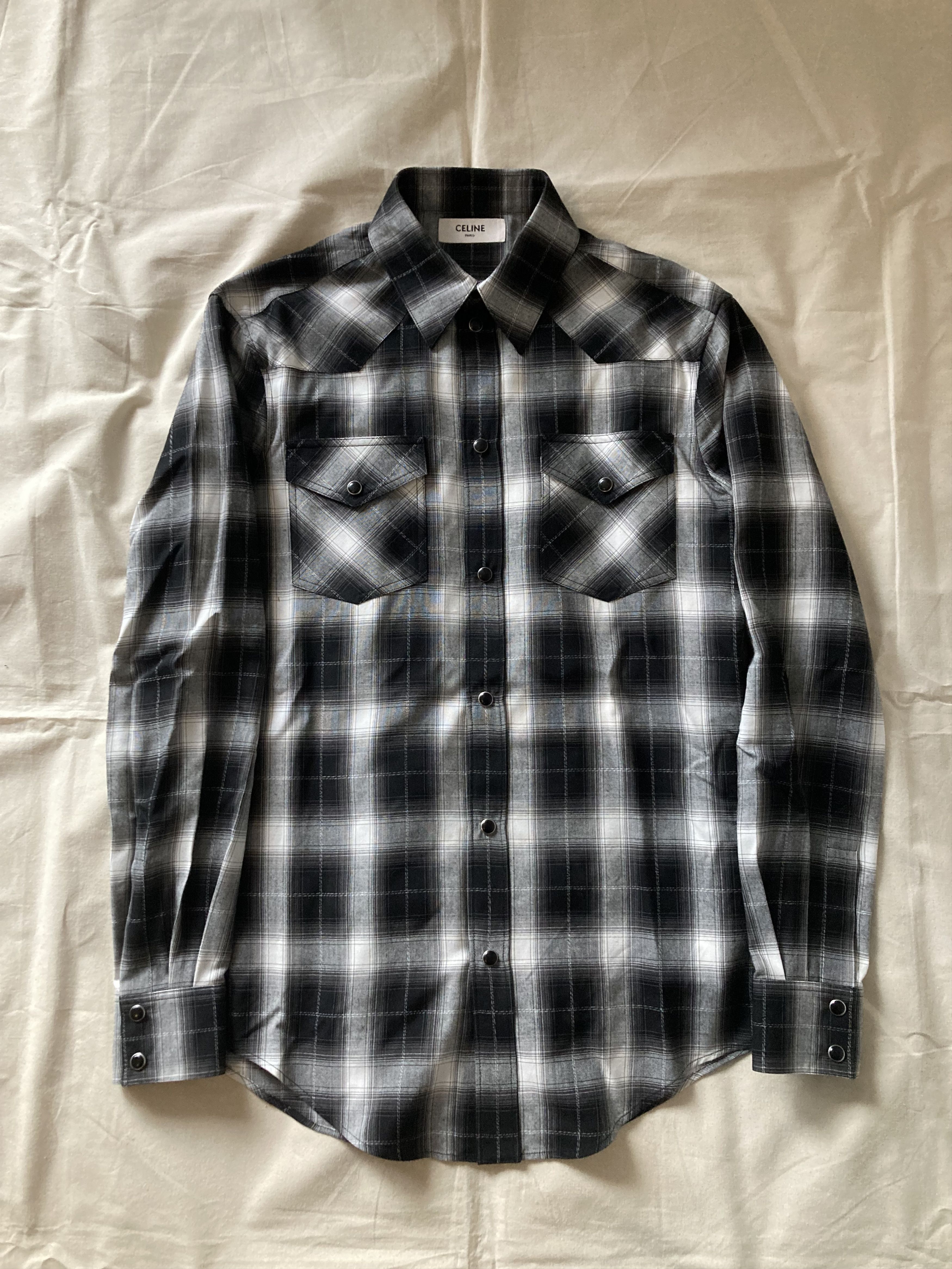 image of Celine Viscose Shadow Plaid Shirt in Black White, Men's (Size XS)