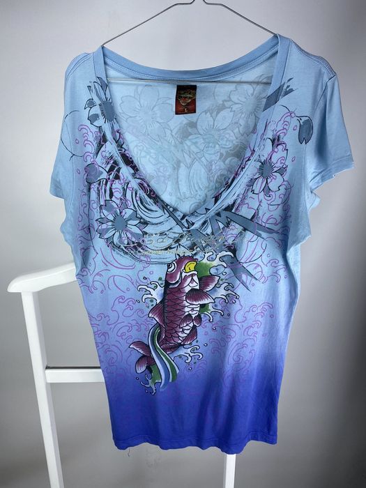 Vintage Ed Hardy by Christian Audigier Koi Fish T-shirt Blue Made