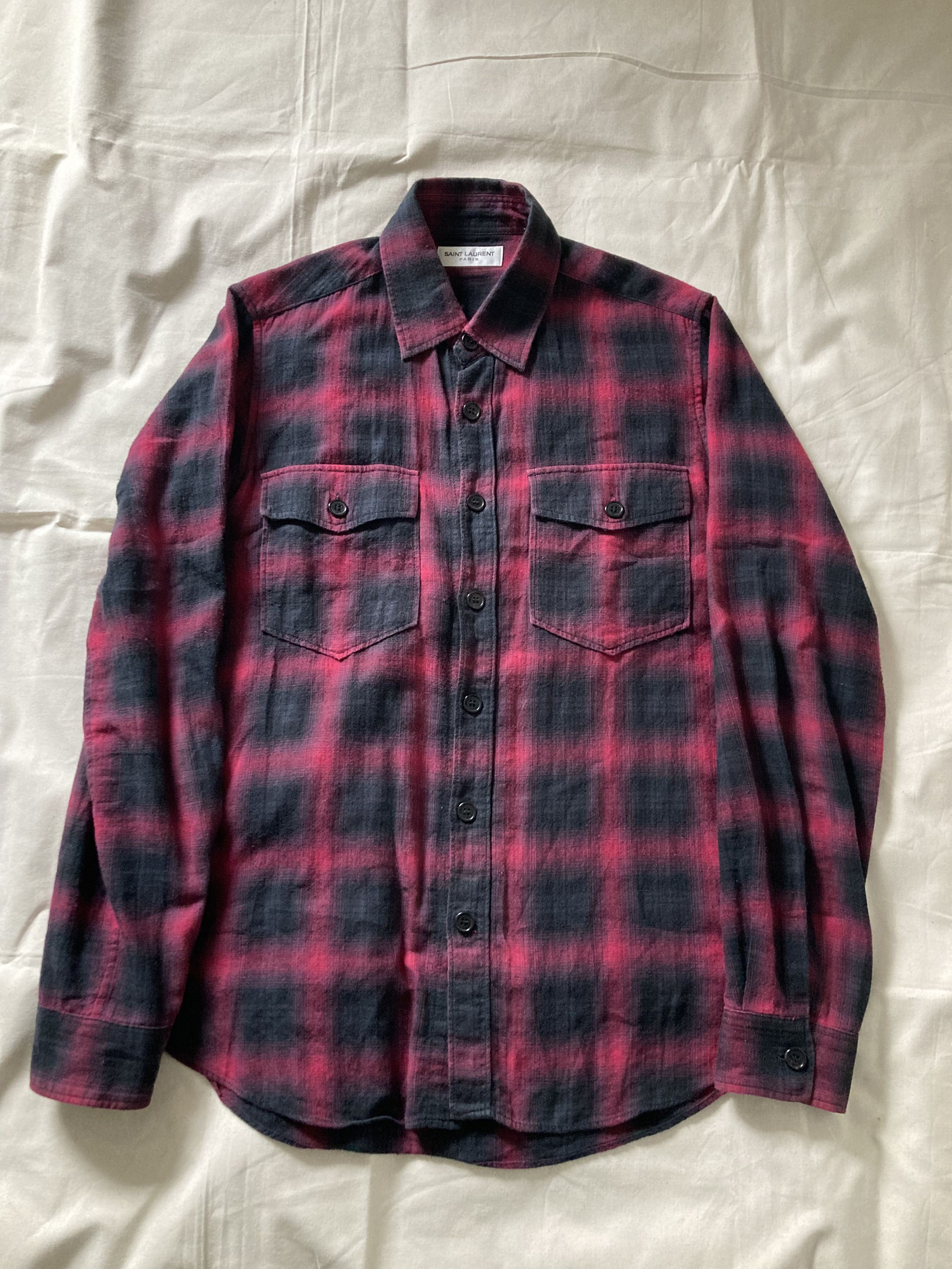 image of Saint Laurent Paris 2016 Shadow Plaid Flannel Shirt in Black Red, Men's (Size Small)