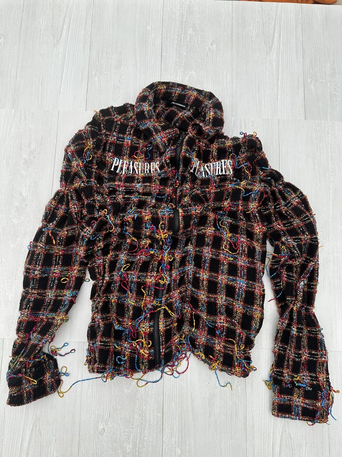 image of Pleasures Distressed Zip / Yarn Flannel Shirt Sz. Small in Red, Men's