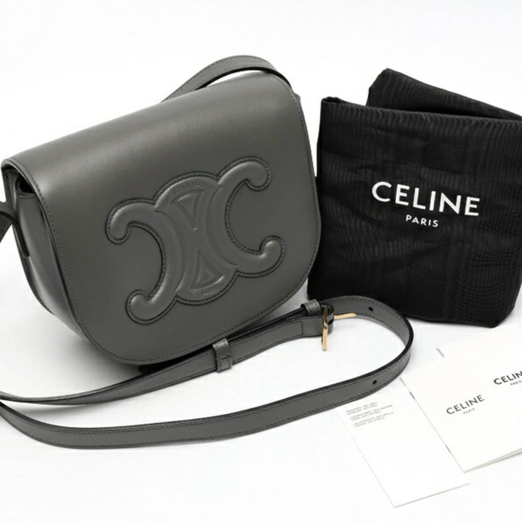 Celine Celine Folco Cuir Triomphe Shoulder Bag 19826, Smooth Calfskin, Gray Size ONE SIZE - 7 Thumbnail