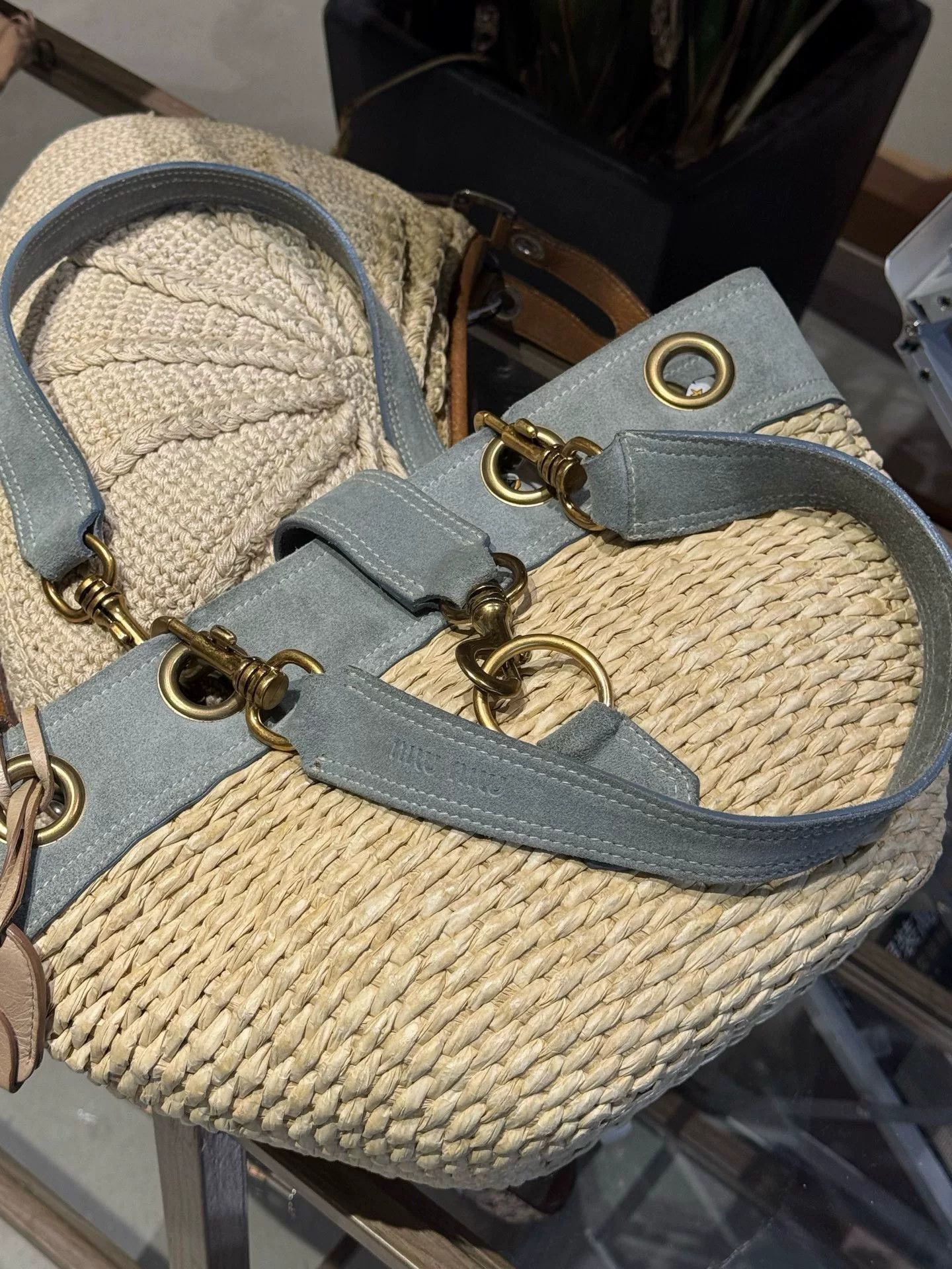 Miu Miu Miu Miu Raffia Woven Blue Suede Tote Size ONE SIZE - 8 Thumbnail