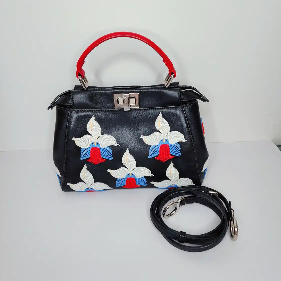 Fendi FENDI Peekaboo mini black cowhide leather embroidery handbag detachable strap Size ONE SIZE - 2 Thumbnail