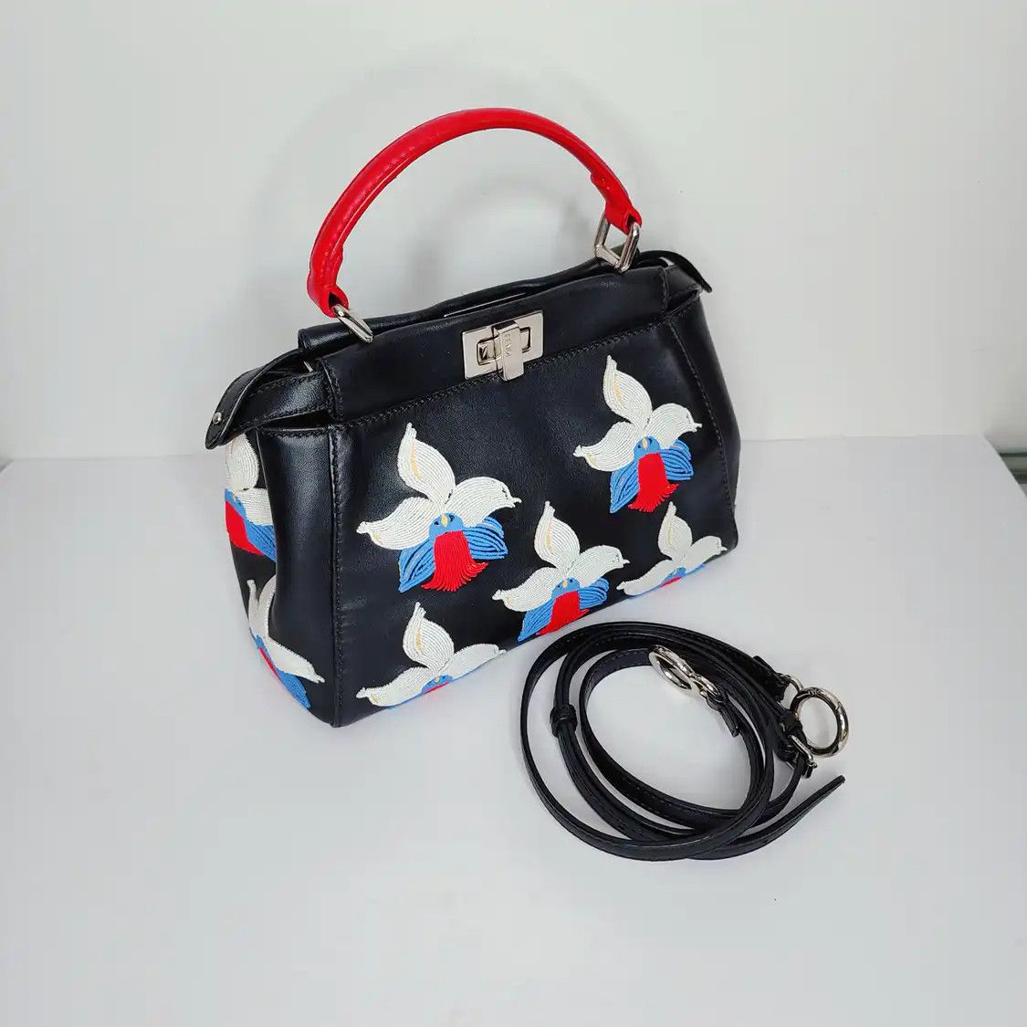 Fendi FENDI Peekaboo mini black cowhide leather embroidery handbag detachable strap Size ONE SIZE - 7 Thumbnail