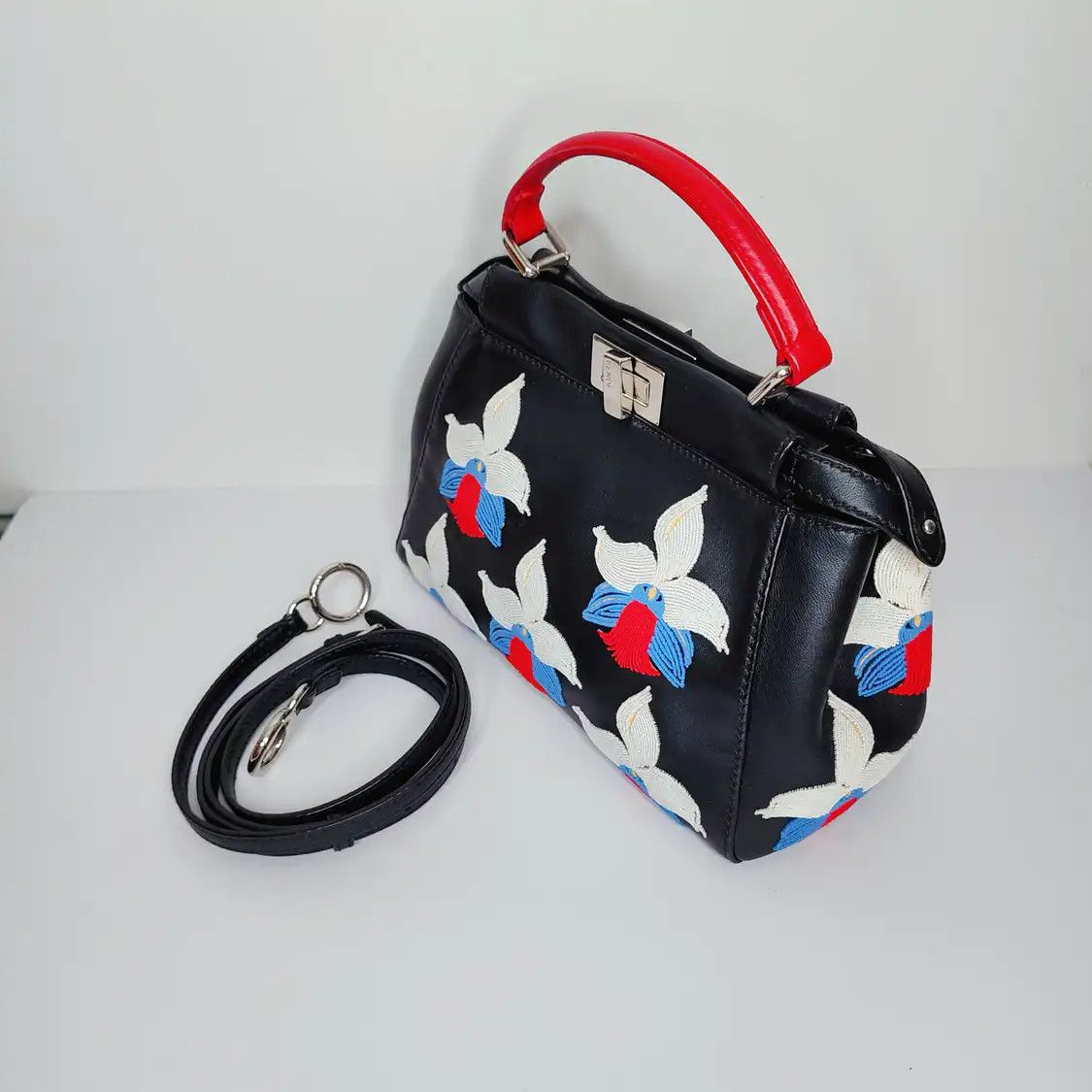 Fendi FENDI Peekaboo mini black cowhide leather embroidery handbag detachable strap Size ONE SIZE - 8 Thumbnail