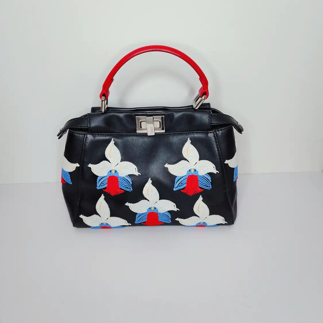 Fendi FENDI Peekaboo mini black cowhide leather embroidery handbag detachable strap Size ONE SIZE - 11 Thumbnail