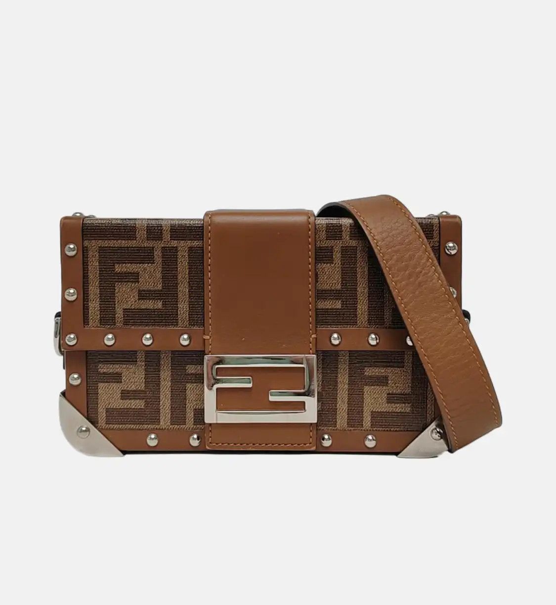 Fendi FENDI Baguette Trunk brown cowhide leather doubleF stud shoulder bag silver hard Size ONE SIZE - 8 Thumbnail