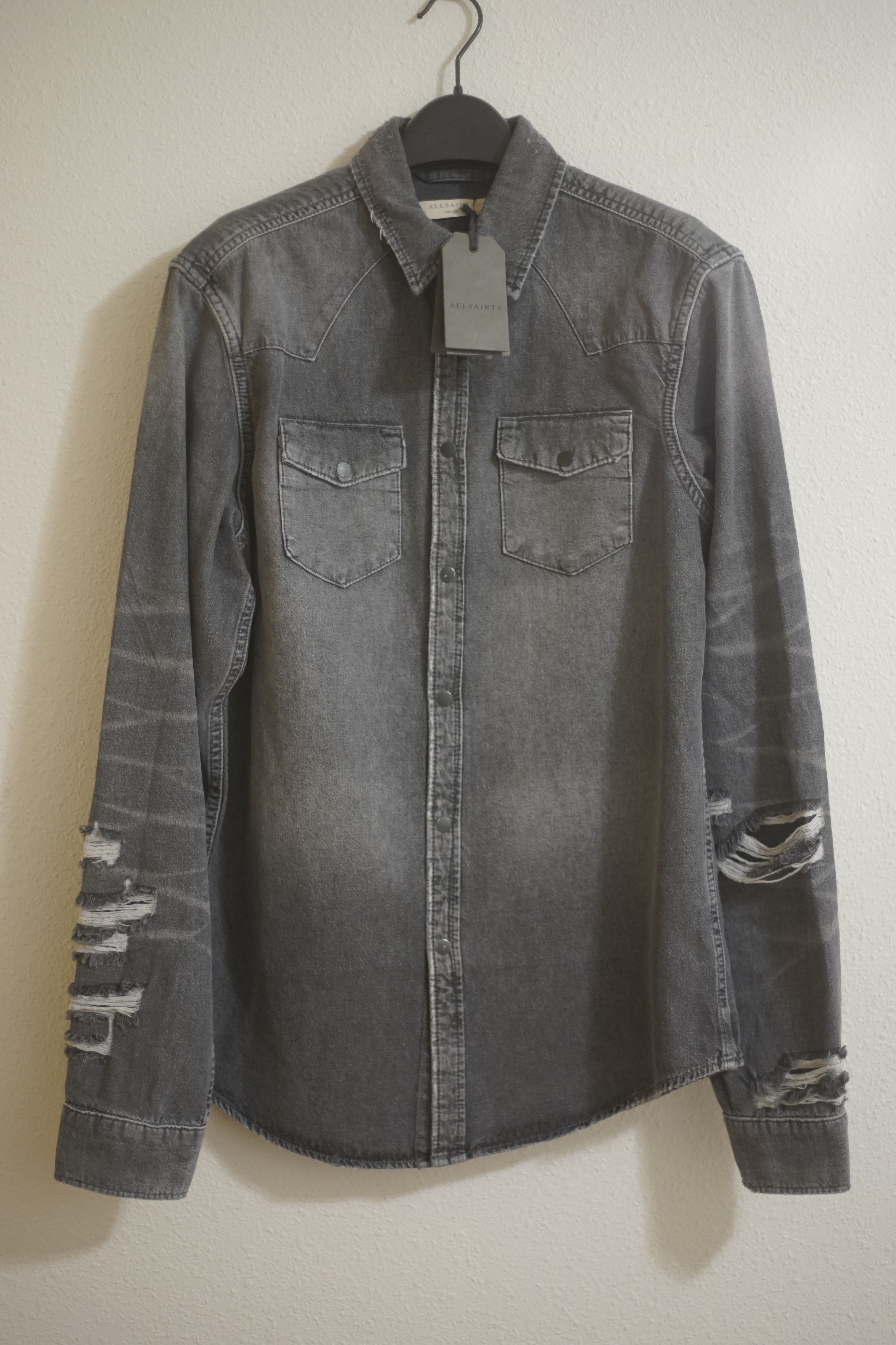 Allsaints $150 Gray Distressed Denim Beegan Shirt Size US S / EU 44-46 / 1 - 1 Thumbnail