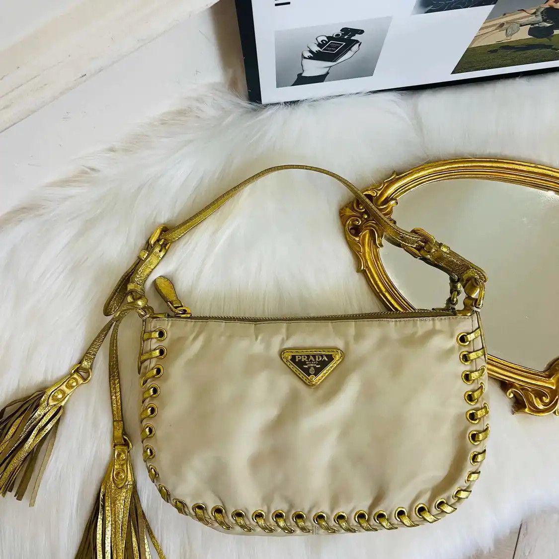 Prada PRADA champagne nylon logo woven handbag gold hardware Size ONE SIZE - 7 Thumbnail