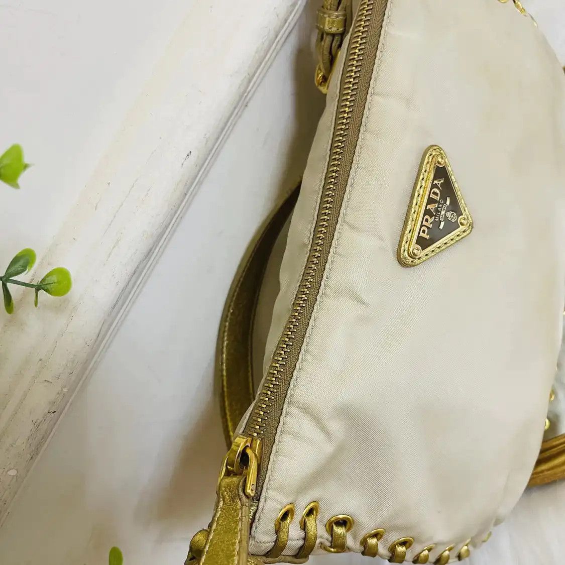 Prada PRADA champagne nylon logo woven handbag gold hardware Size ONE SIZE - 9 Thumbnail