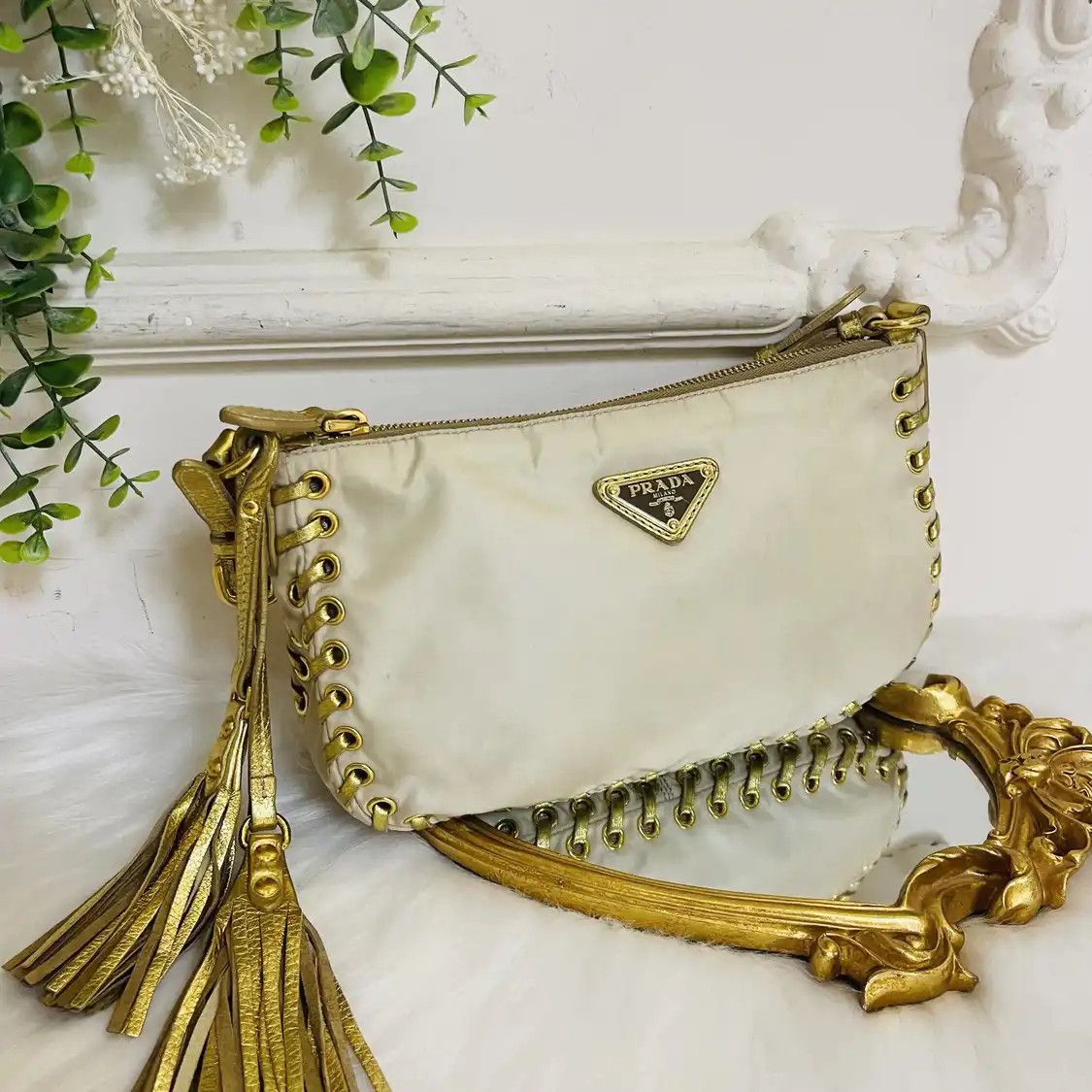 Prada PRADA champagne nylon logo woven handbag gold hardware Size ONE SIZE - 2 Thumbnail