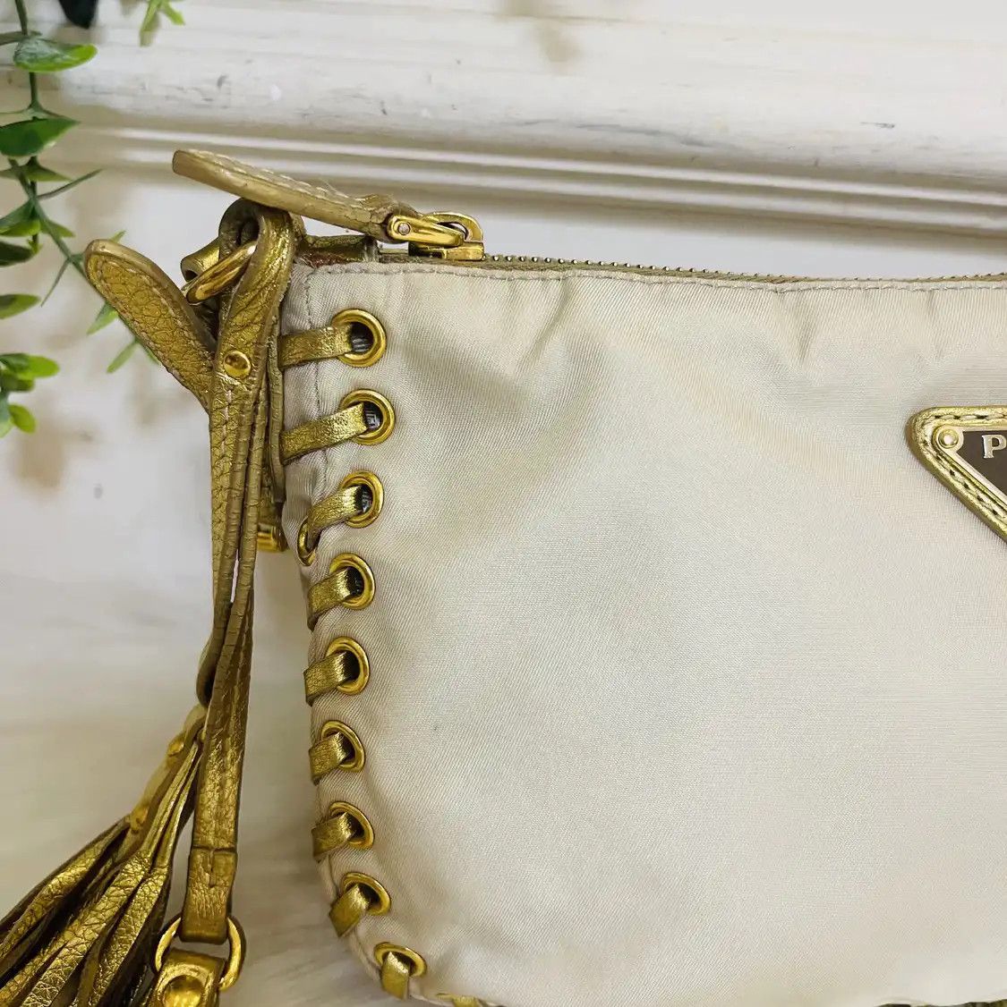 Prada PRADA champagne nylon logo woven handbag gold hardware Size ONE SIZE - 12 Thumbnail