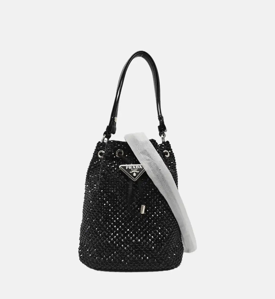 Prada PRADA bucket bag black cubic zirconia logo applique shoulder bag crossbody silve Size ONE SIZE - 8 Thumbnail
