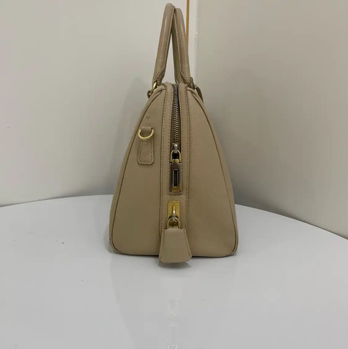 Prada PRADA Bauletto khaki cowhide leather logo cross pattern handbag Size ONE SIZE - 3 Thumbnail