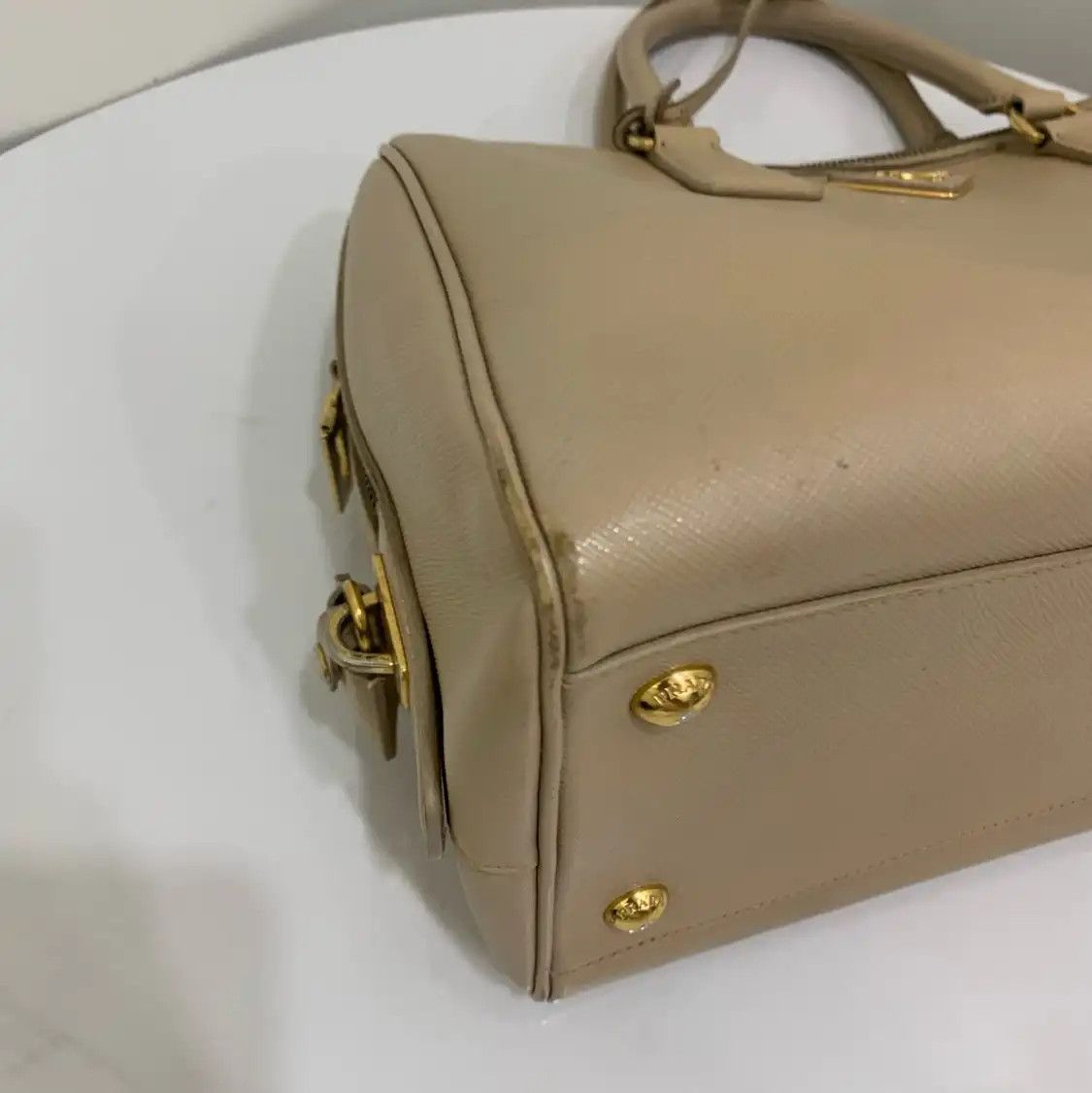 Prada PRADA Bauletto khaki cowhide leather logo cross pattern handbag Size ONE SIZE - 6 Thumbnail