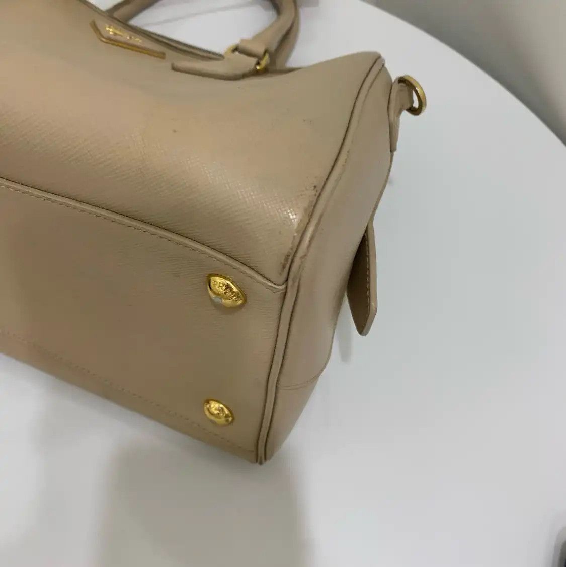 Prada PRADA Bauletto khaki cowhide leather logo cross pattern handbag Size ONE SIZE - 7 Thumbnail