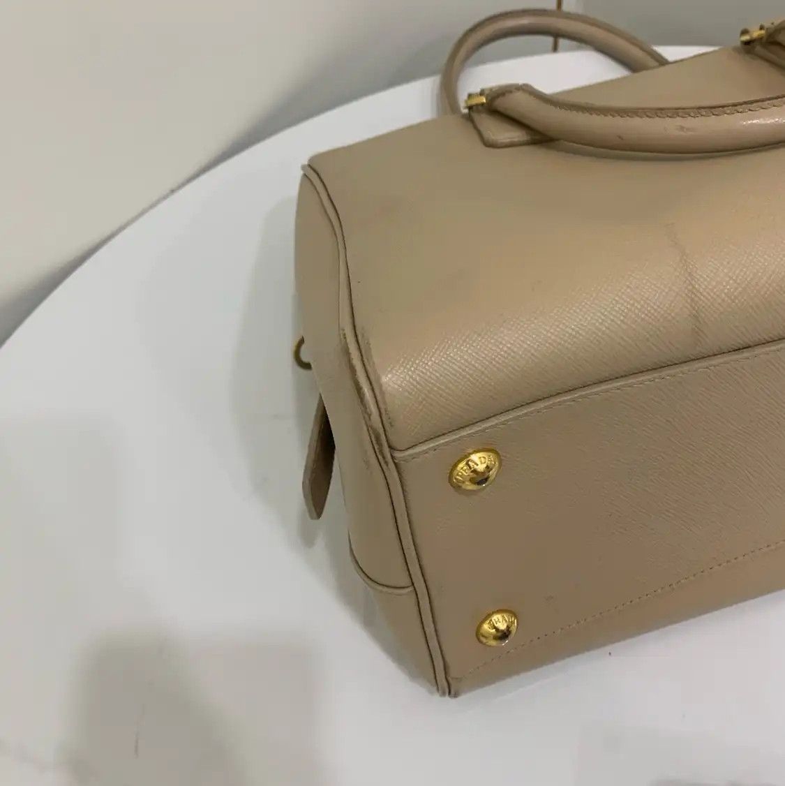 Prada PRADA Bauletto khaki cowhide leather logo cross pattern handbag Size ONE SIZE - 11 Thumbnail