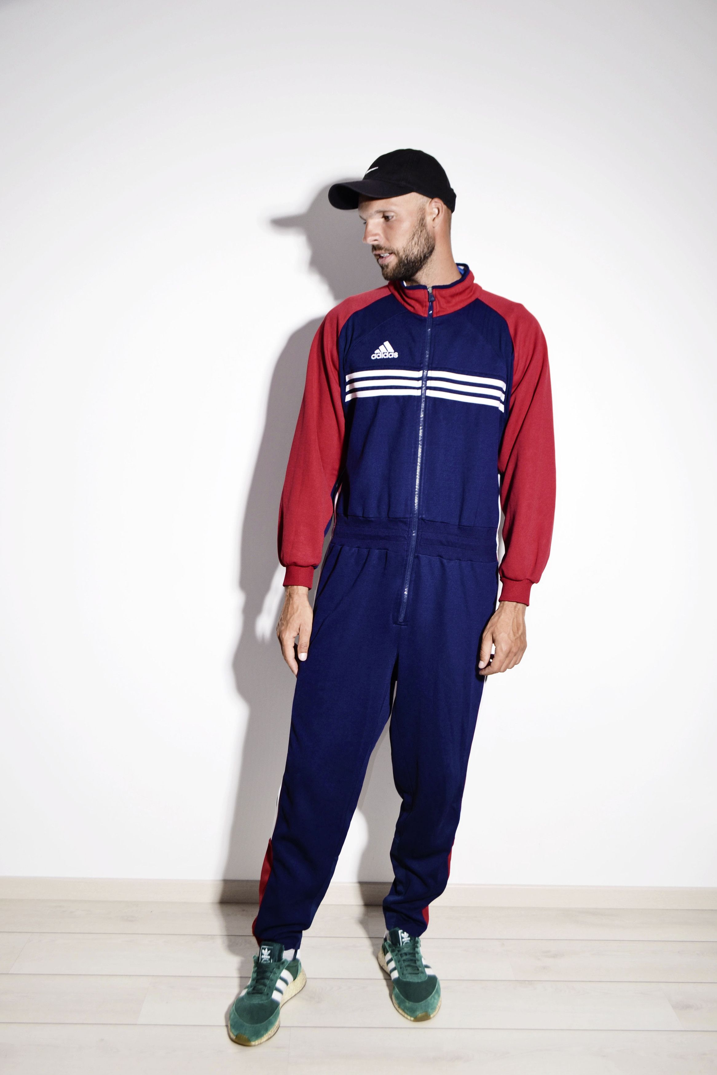 Adidas Vintage men sport onesie ADIDAS | 80s retro Old School overall full coverall jumpsuit sweatsuit one part piece tracksuit blue red | Large Size US 34 / EU 50 - 1 Preview