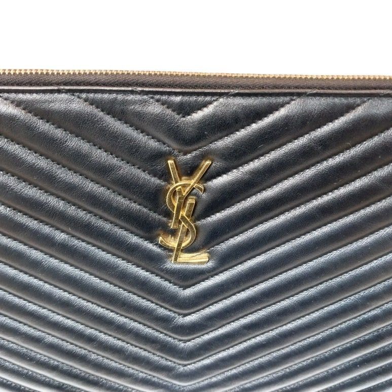 Yves Saint Laurent YSL Black Chevron Quilted Matelassé Monogram Clutch Size ONE SIZE - 4 Thumbnail