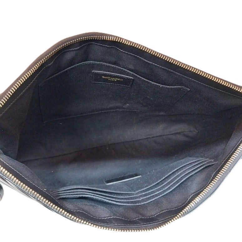 Yves Saint Laurent YSL Black Chevron Quilted Matelassé Monogram Clutch Size ONE SIZE - 3 Thumbnail
