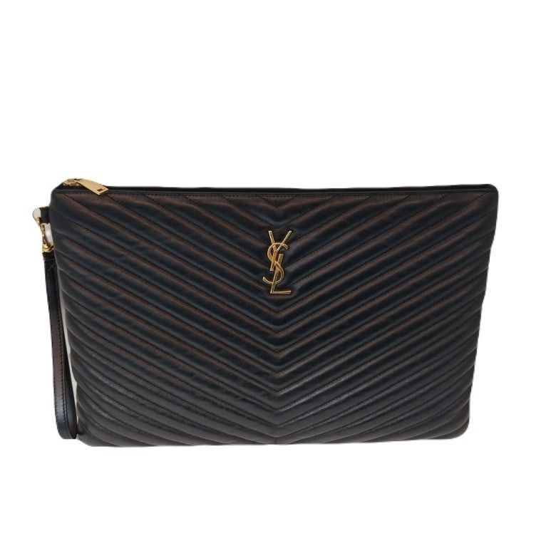 Yves Saint Laurent YSL Black Chevron Quilted Matelassé Monogram Clutch Size ONE SIZE - 7 Thumbnail