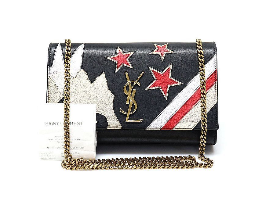 Yves Saint Laurent Black Calfskin Gold Chain Rockstar Patchwork Kate Small Shou Size ONE SIZE - 3 Thumbnail