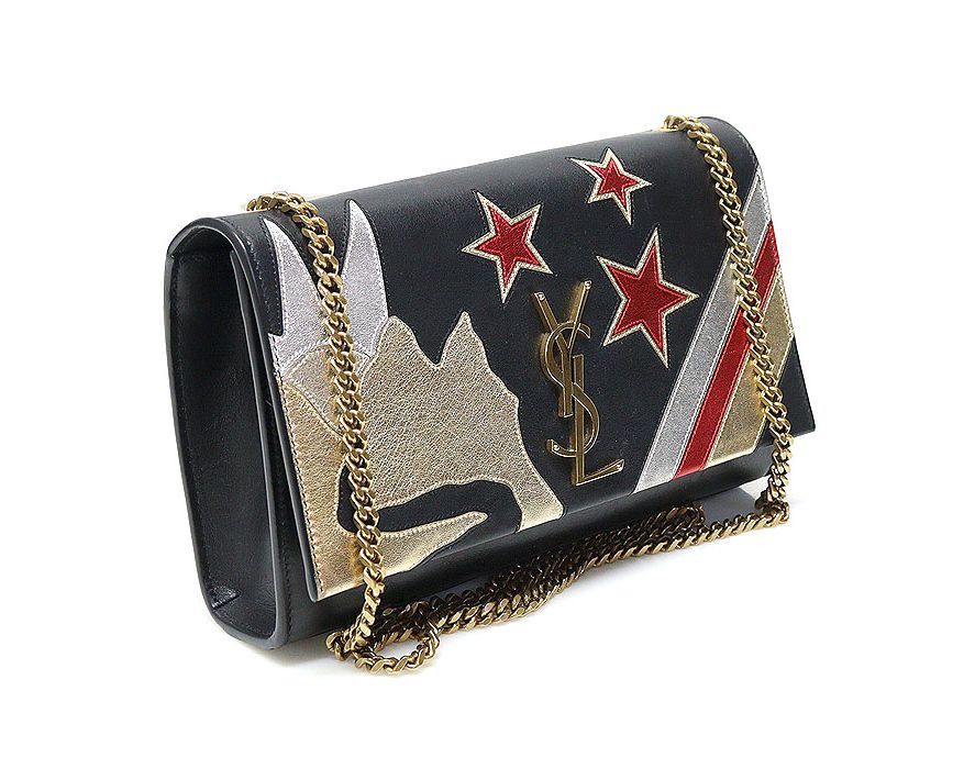 Yves Saint Laurent Black Calfskin Gold Chain Rockstar Patchwork Kate Small Shou Size ONE SIZE - 4 Thumbnail