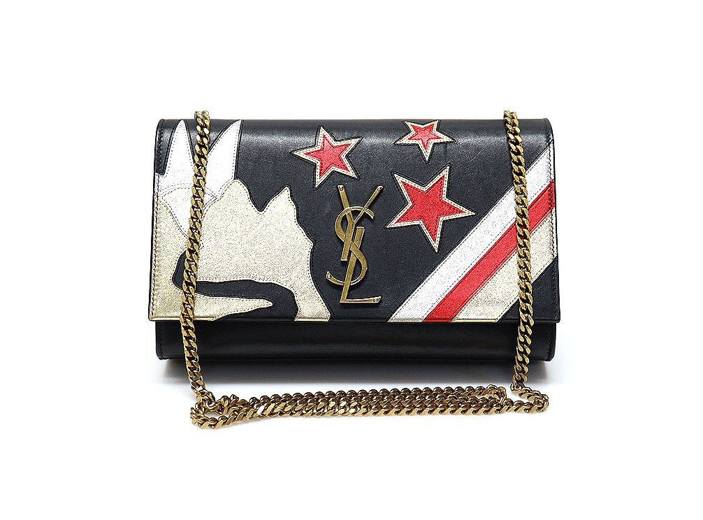 Yves Saint Laurent Black Calfskin Gold Chain Rockstar Patchwork Kate Small Shou Size ONE SIZE - 2 Thumbnail