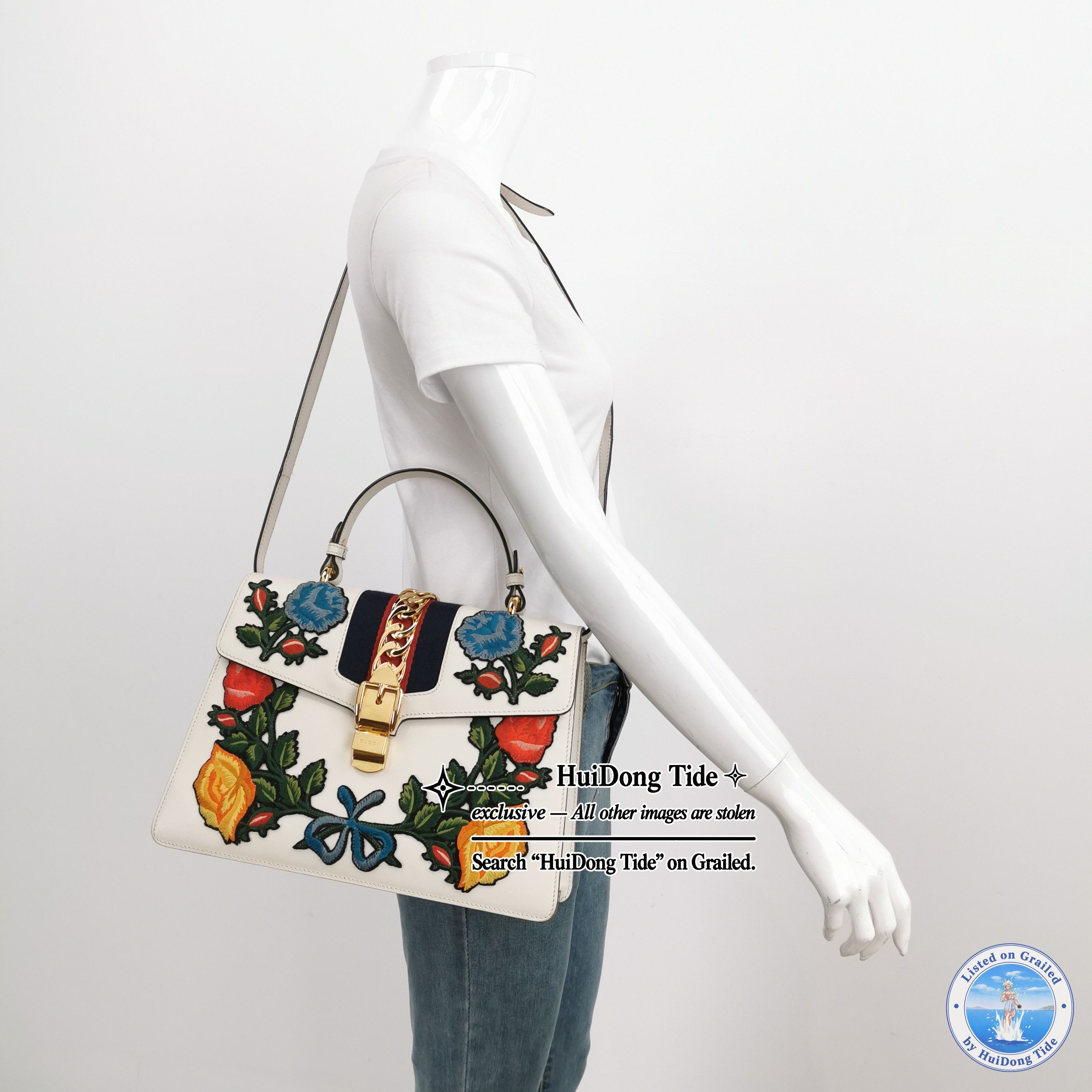 Gucci Gucci Sylvie Embroidered Floral Leather Handle Bag Size ONE SIZE - 2 Thumbnail