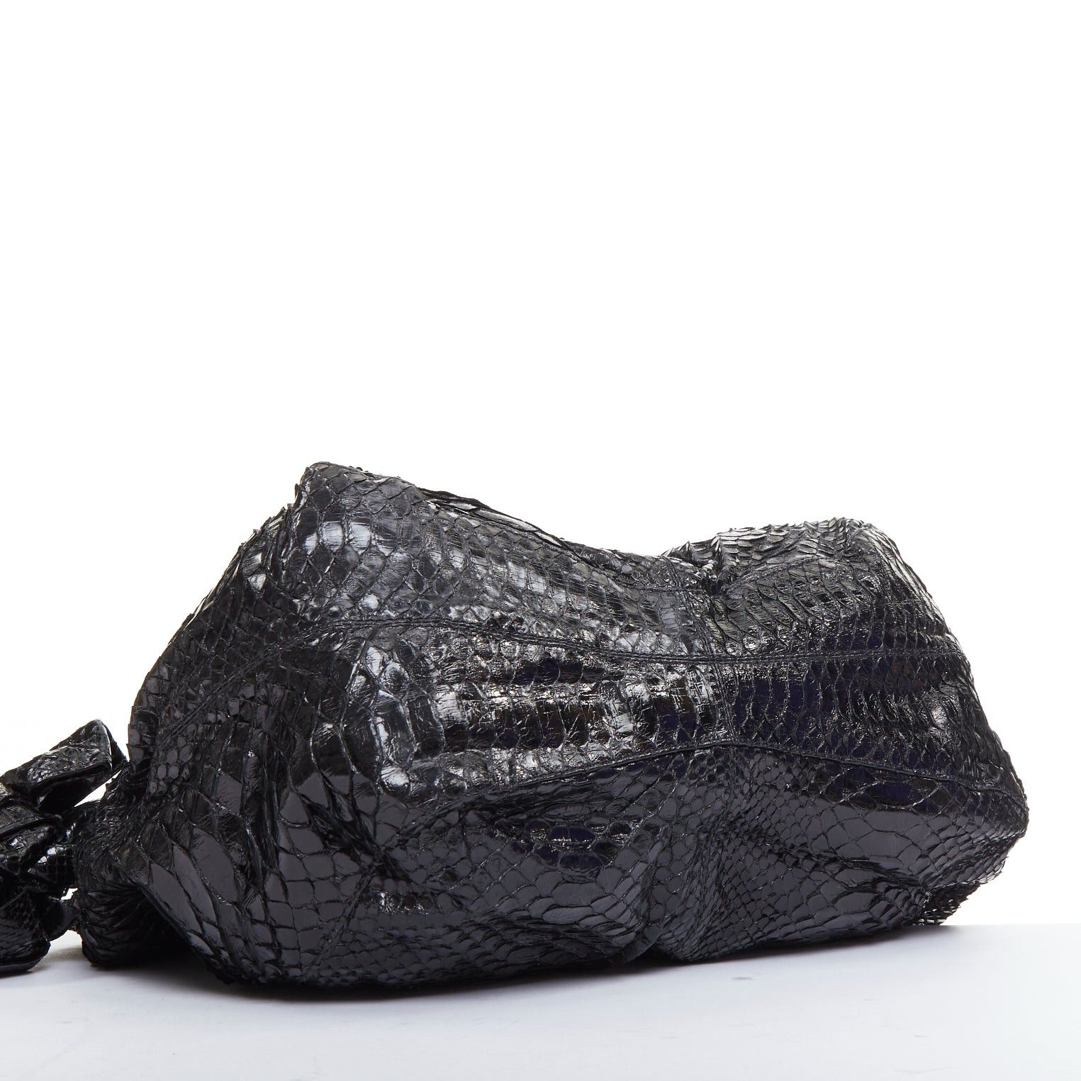 Valentino VALENTINO black shiny snakeskin leather bow side shoulder hobo bag Size ONE SIZE - 6 Thumbnail