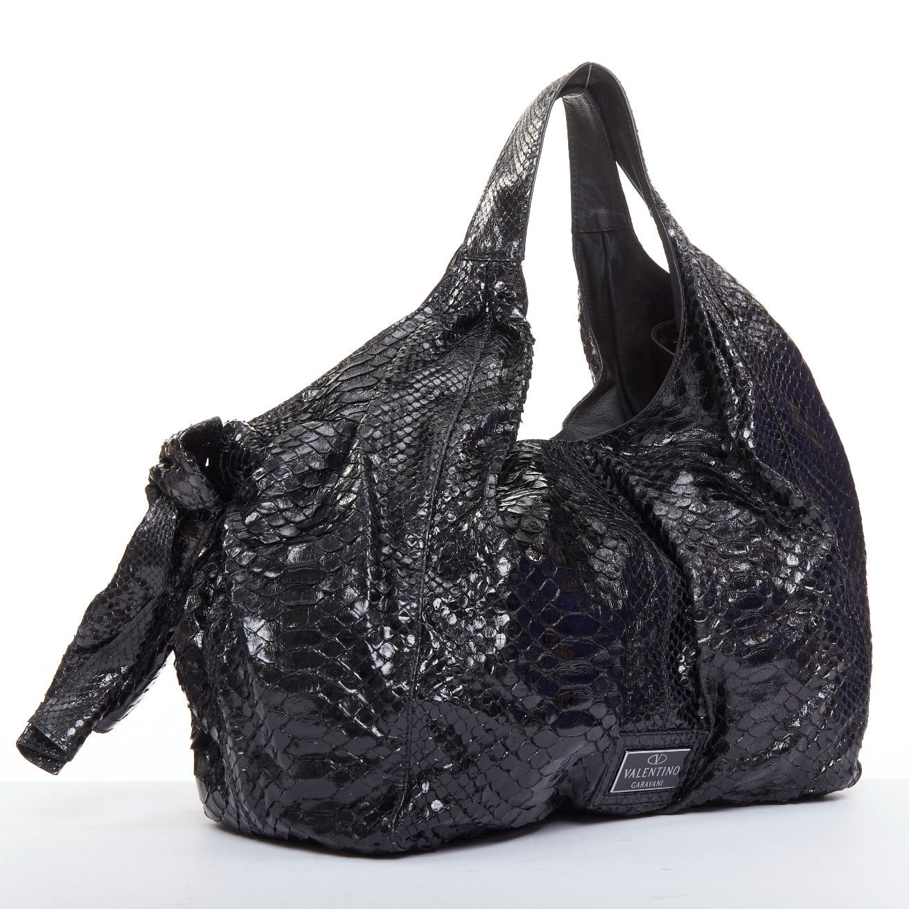 Valentino VALENTINO black shiny snakeskin leather bow side shoulder hobo bag Size ONE SIZE - 3 Thumbnail
