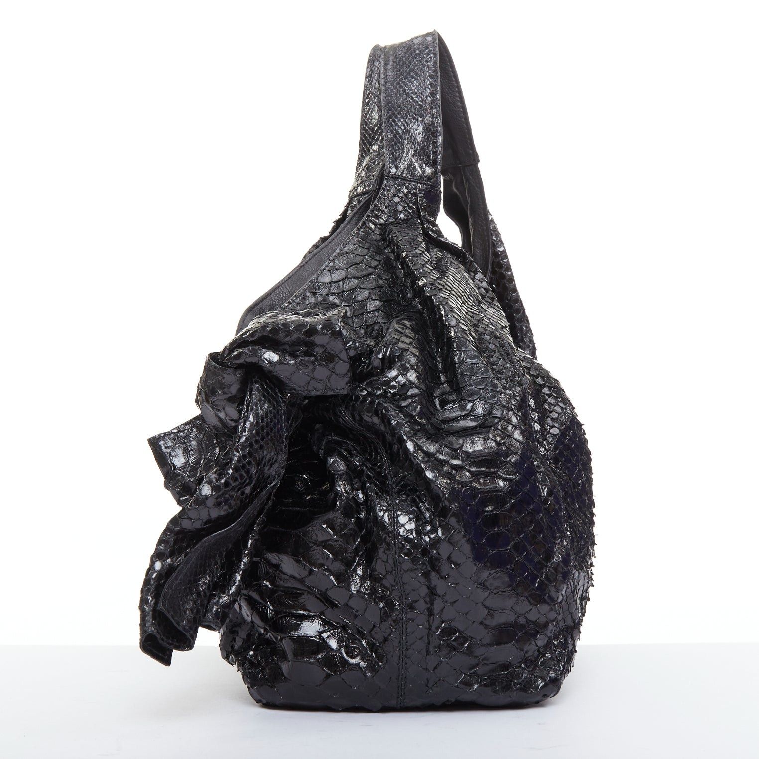 Valentino VALENTINO black shiny snakeskin leather bow side shoulder hobo bag Size ONE SIZE - 4 Thumbnail