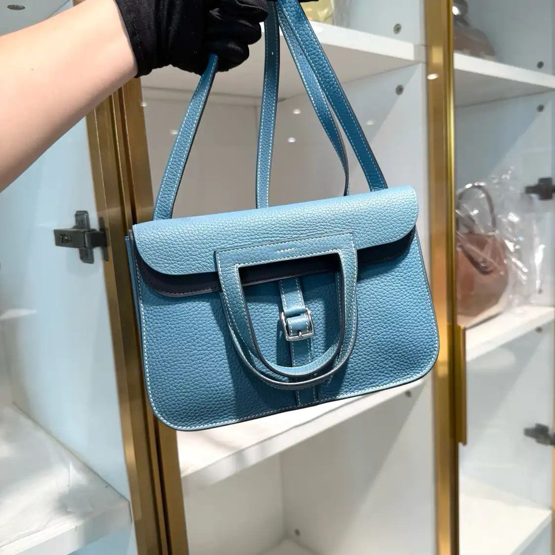 Hermes Hermes Halzan 25 denim blue cowhide leather shoulder bag silver hardware B Size ONE SIZE - 9 Thumbnail