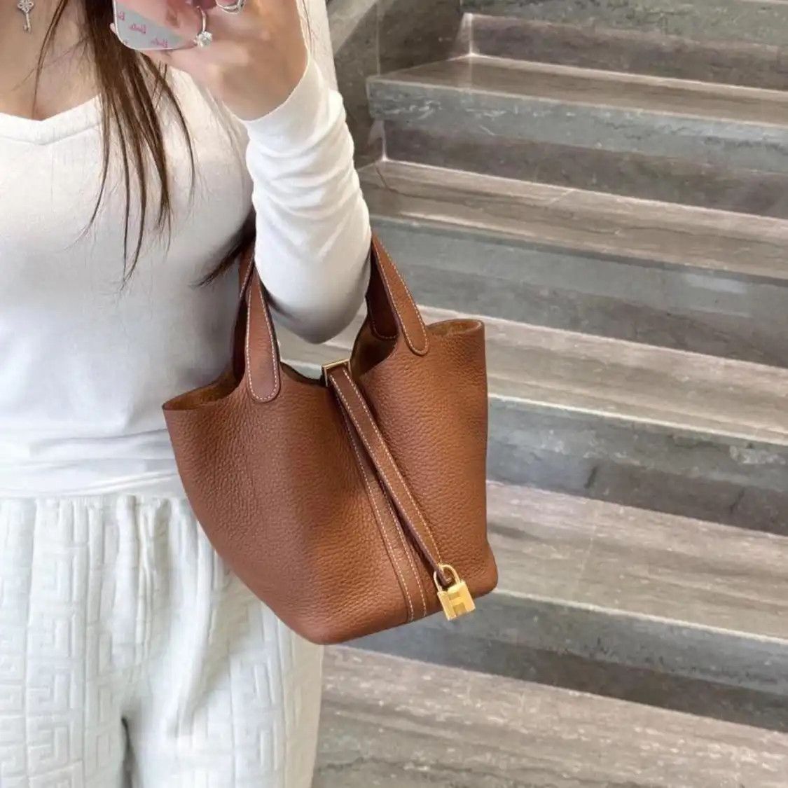 Hermes Hermes Picotin Lock 18 Gold Brown Barenia saddle leather picotin handbag gold ha Size ONE SIZE - 8 Thumbnail