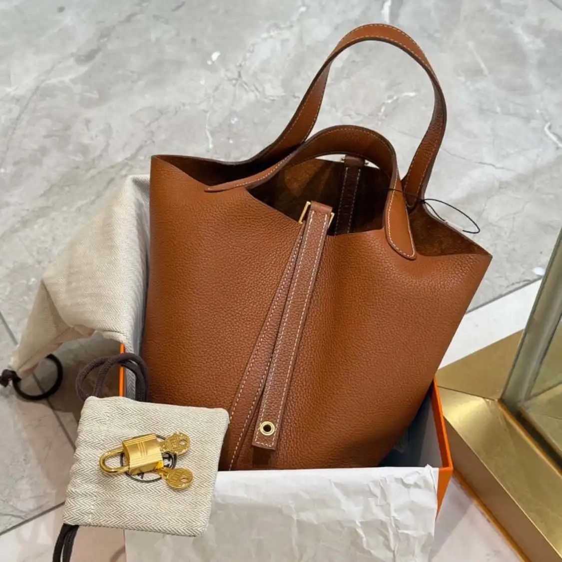 Hermes Hermes Picotin Lock 18 Gold Brown Barenia saddle leather picotin handbag gold ha Size ONE SIZE - 7 Thumbnail