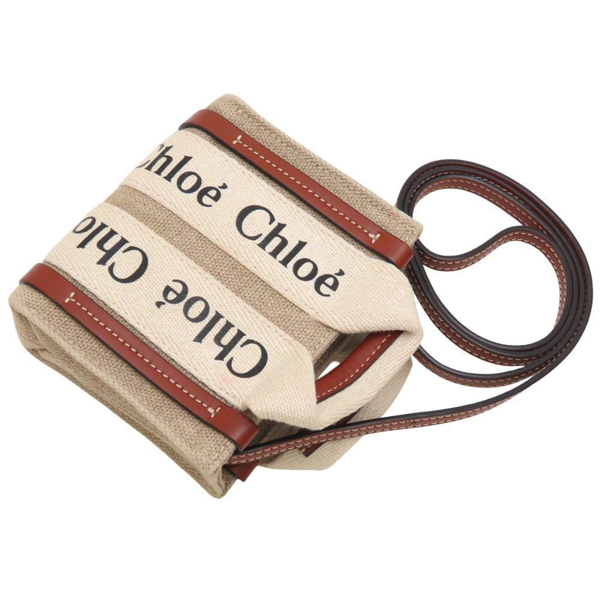 Chloe Chloe Woody Nano Tote CHC22AP235I26 Shoulder Bag Linen x Calfskin White Brown Women's 353476 Size ONE SIZE - 5 Thumbnail