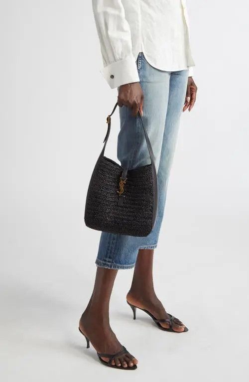 Saint Laurent Paris Small Le 5 À 7 Woven Raffia Hobo Bag in black Size ONE SIZE - 4 Thumbnail