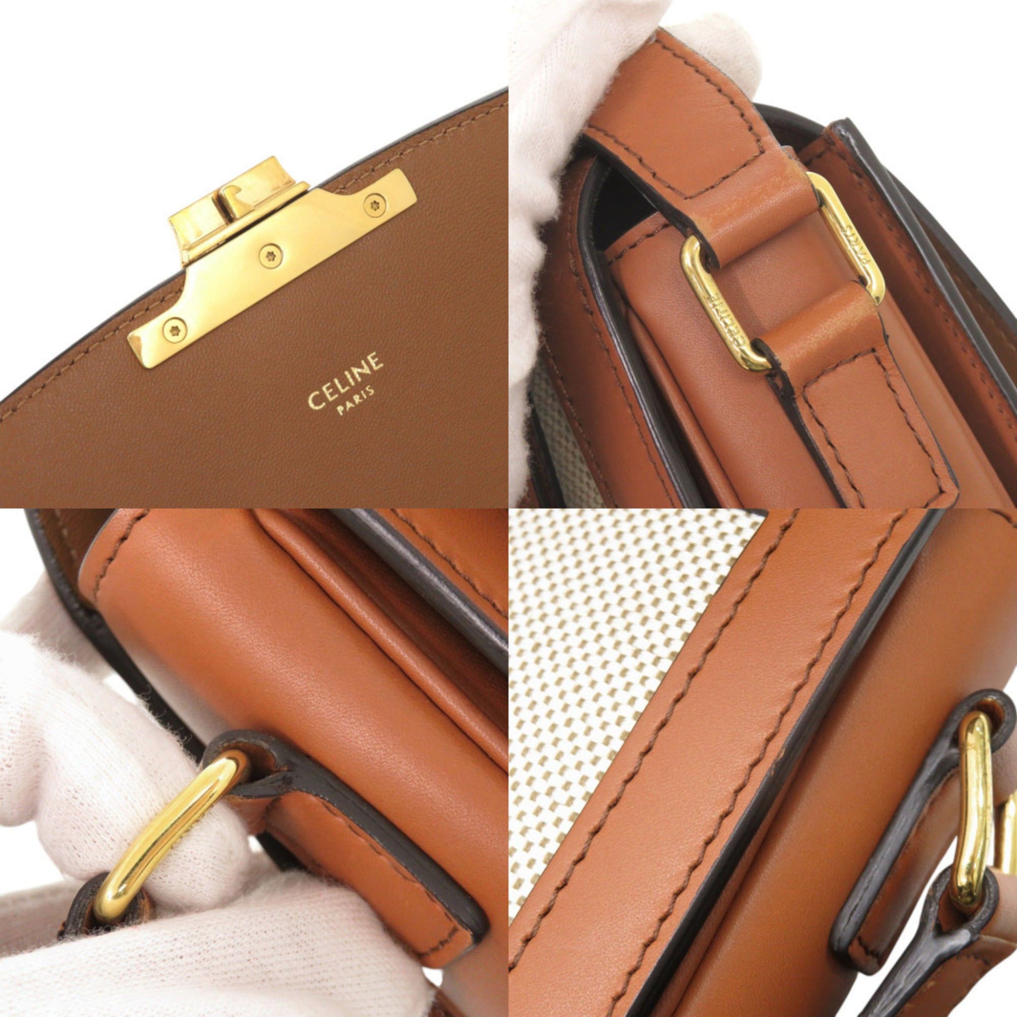 Celine Celine Classic Triomphe Calfskin Textile Natural Tan Shoulder Bag 1385 Size ONE SIZE - 9 Thumbnail