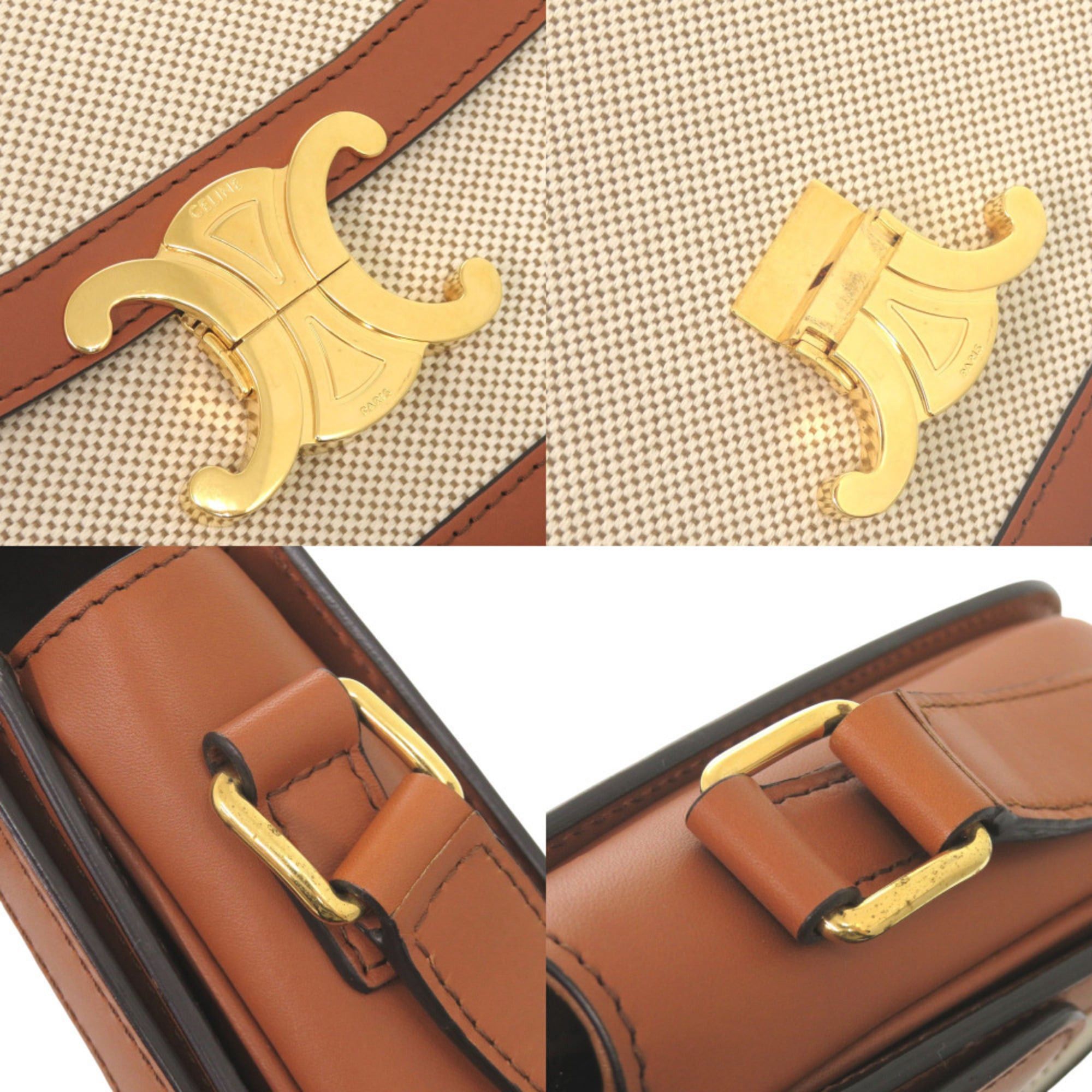 Celine Celine Classic Triomphe Calfskin Textile Natural Tan Shoulder Bag 1385 Size ONE SIZE - 7 Thumbnail