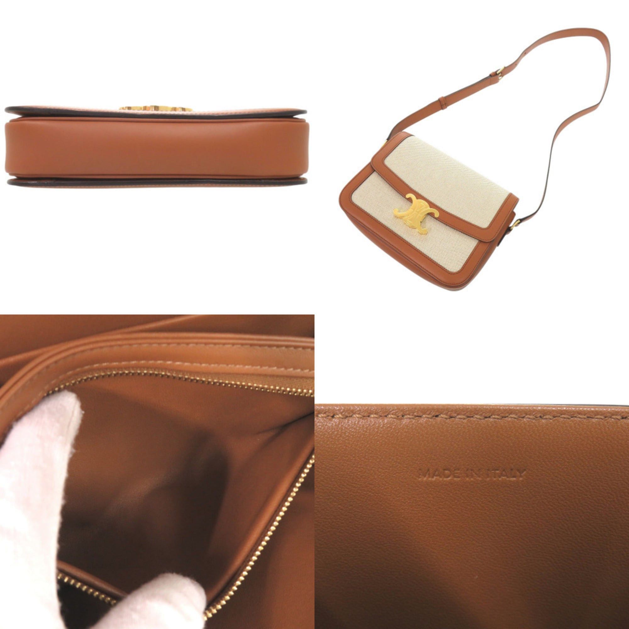 Celine Celine Classic Triomphe Calfskin Textile Natural Tan Shoulder Bag 1385 Size ONE SIZE - 6 Thumbnail