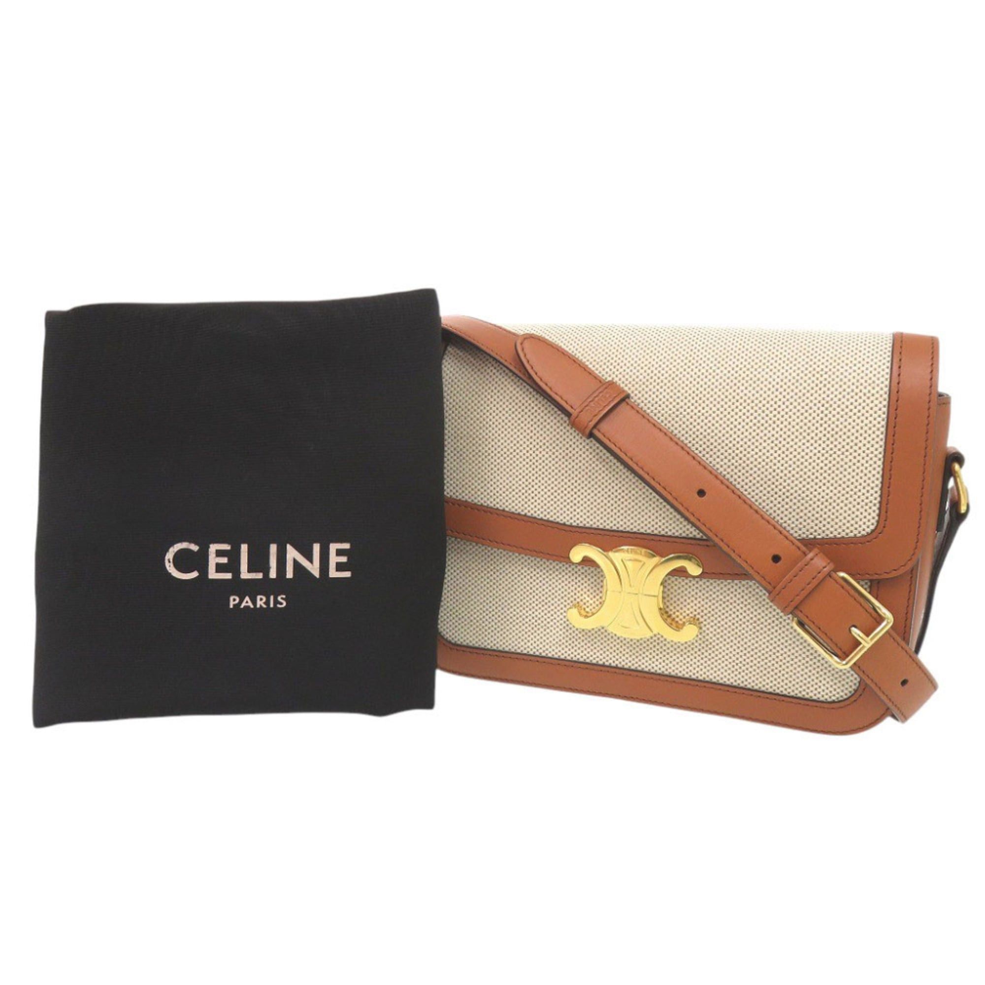 Celine Celine Classic Triomphe Calfskin Textile Natural Tan Shoulder Bag 1385 Size ONE SIZE - 2 Thumbnail