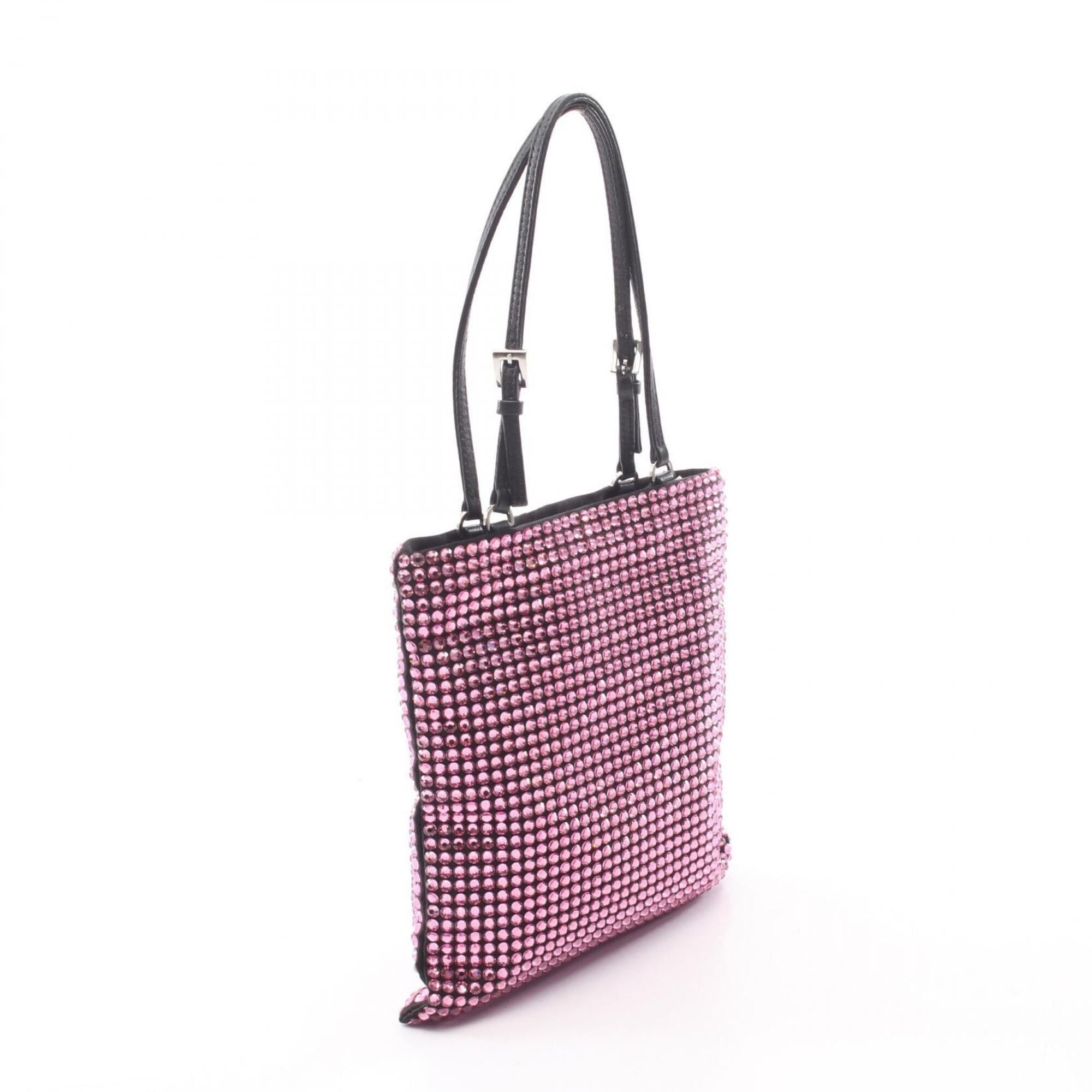 Prada Prada Triangle Logo Crystal 2-Way Handbag, Fabric Leather, Women's, Pink/Black Size ONE SIZE - 2 Thumbnail