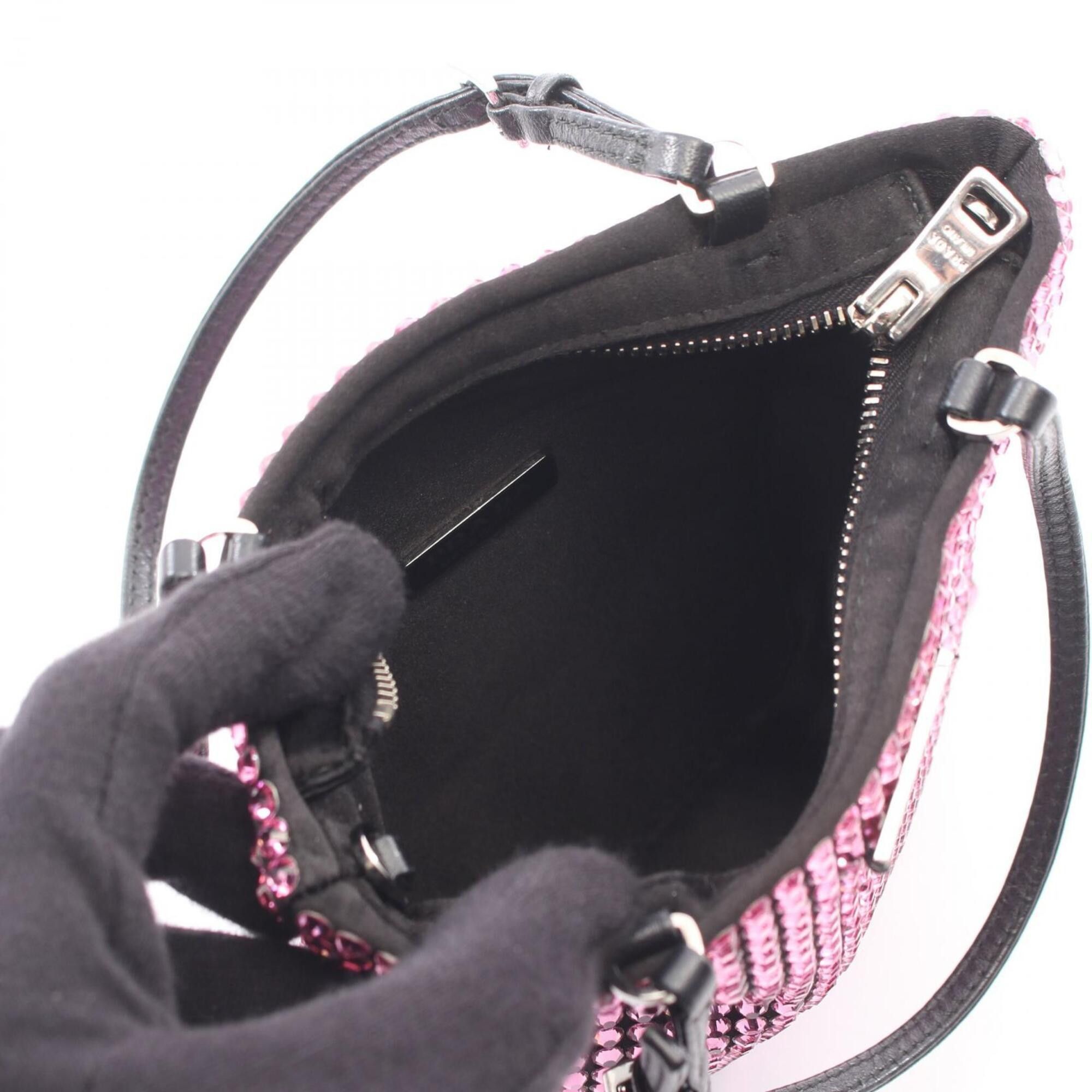 Prada Prada Triangle Logo Crystal 2-Way Handbag, Fabric Leather, Women's, Pink/Black Size ONE SIZE - 3 Thumbnail
