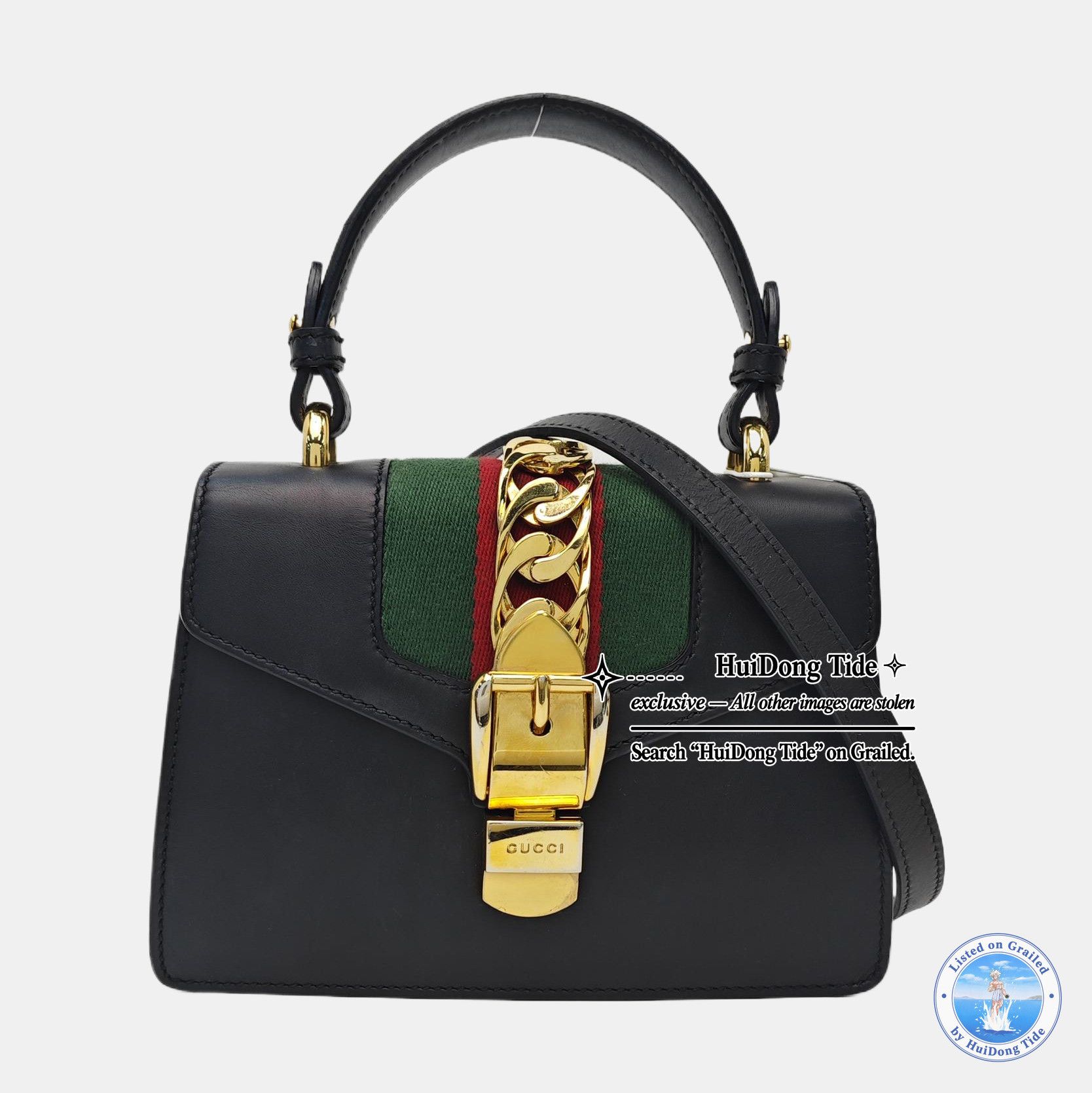 Gucci Gucci Sylvie Mini Black Leather Stripe Shoulder Bag OS Size ONE SIZE - 7 Thumbnail