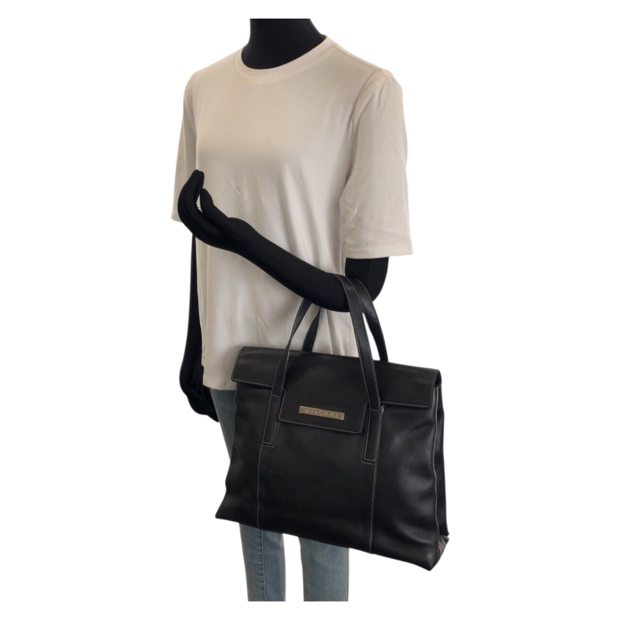Bvlgari BVLGARI Vintage 2-way Black Leather Tote Bag/Shoulder Bag with Silver Hardware for Women Size ONE SIZE - 7 Thumbnail