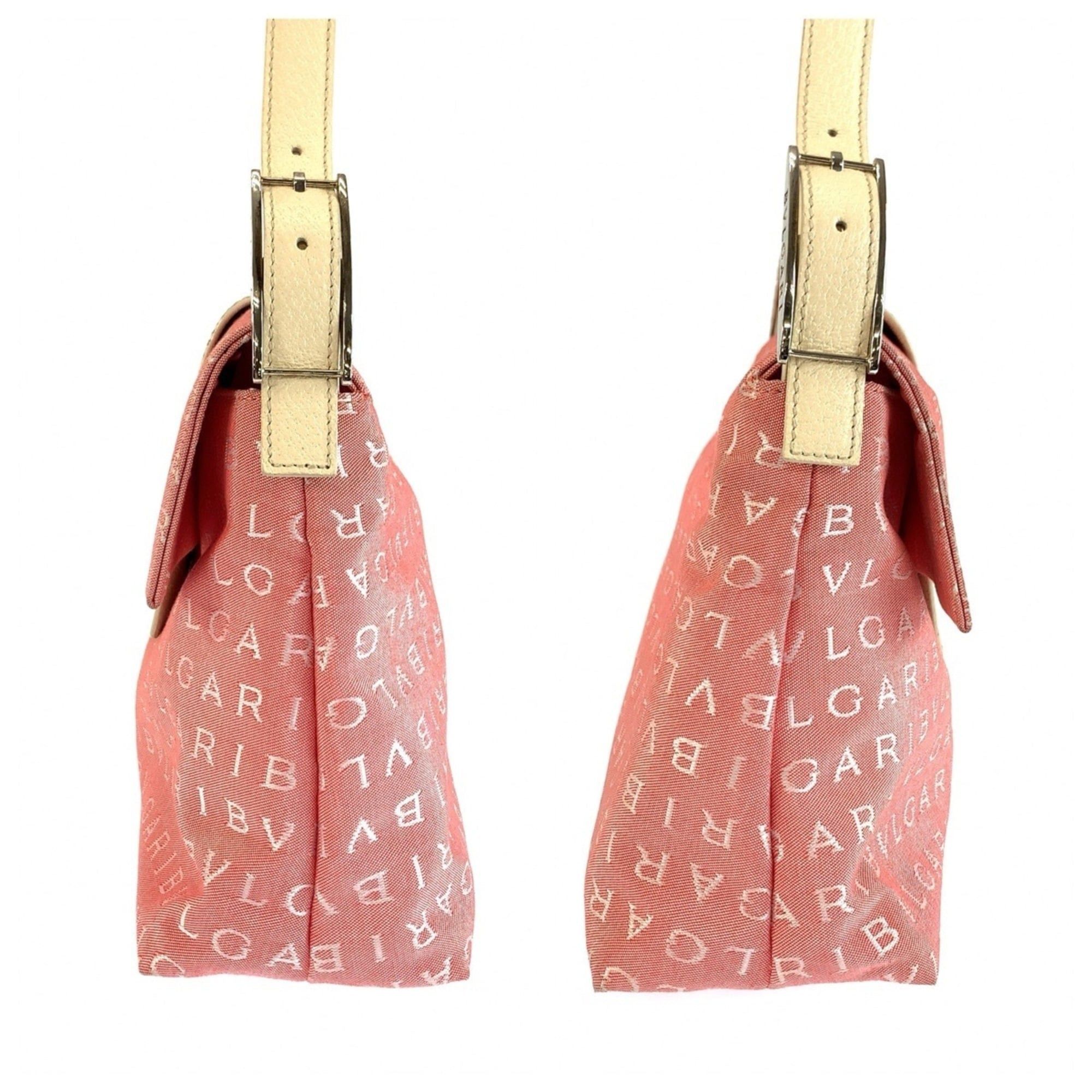 Bvlgari BVLGARI Logomania Pink Cream Silver Hardware Canvas Leather Shoulder Bag Handbag for Women Size ONE SIZE - 8 Thumbnail