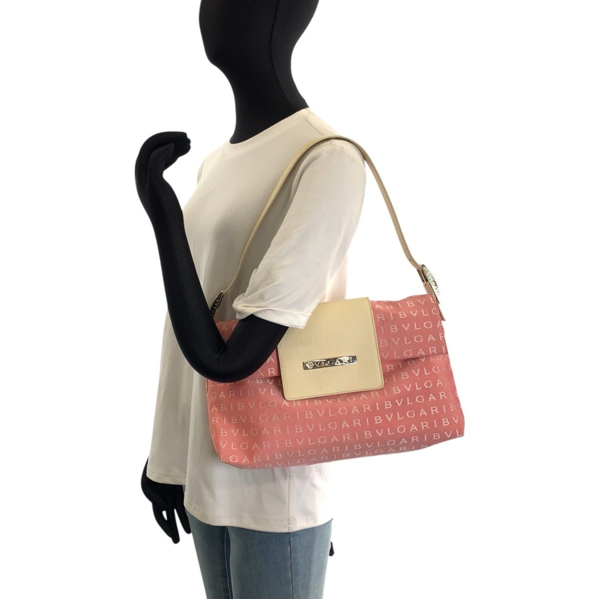 Bvlgari BVLGARI Logomania Pink Cream Silver Hardware Canvas Leather Shoulder Bag Handbag for Women Size ONE SIZE - 7 Thumbnail